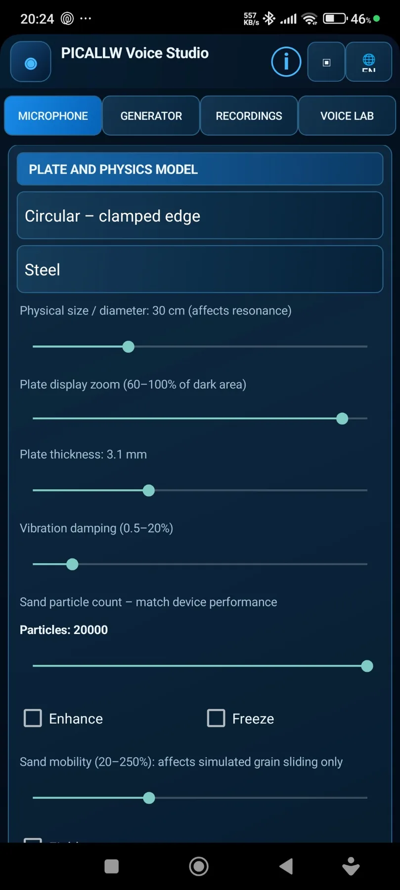 Plate and physics model settings in PICALLW Voice Studio