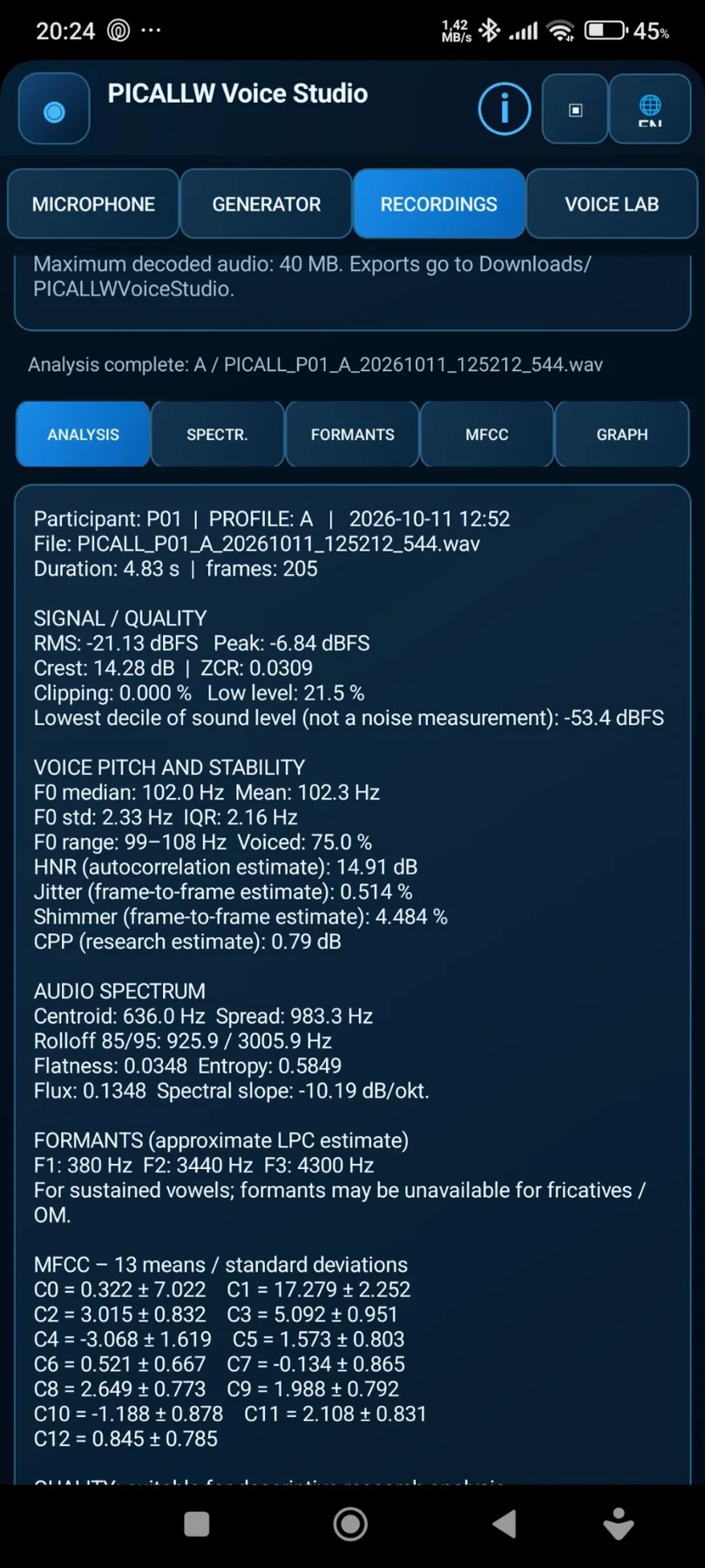 PICALLW Voice Studio acoustic voice analysis on Android